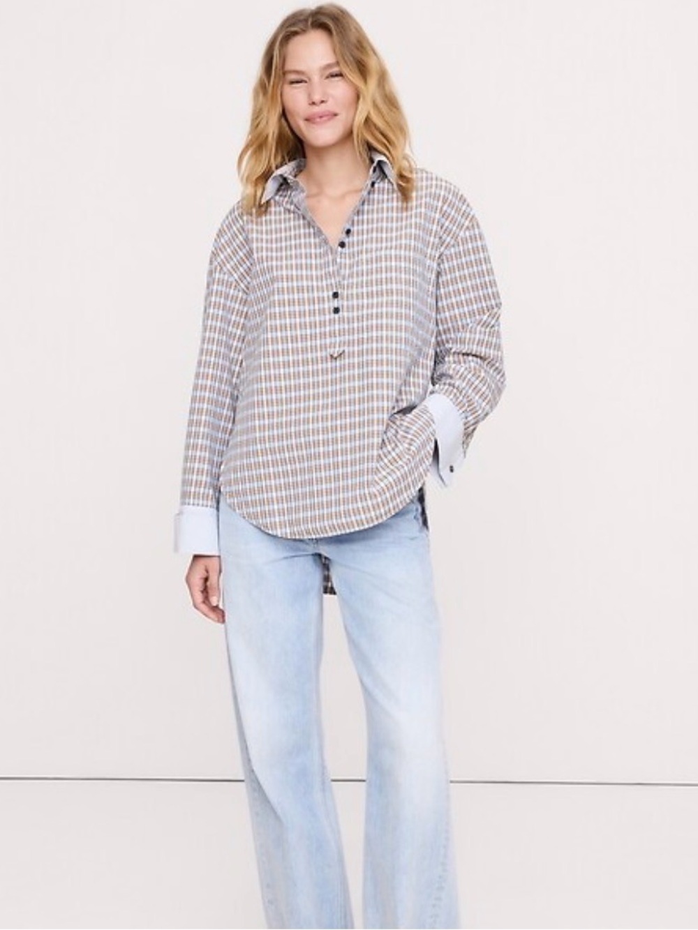 Banana Republic Plaid Button-Down Shirt in Light Blue & Tan